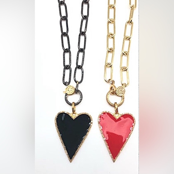 Diamond Black, Pink, & Red Enamel Heart on Diamond Lobster Clasp Paperclip Chain - Picture 2 of 6